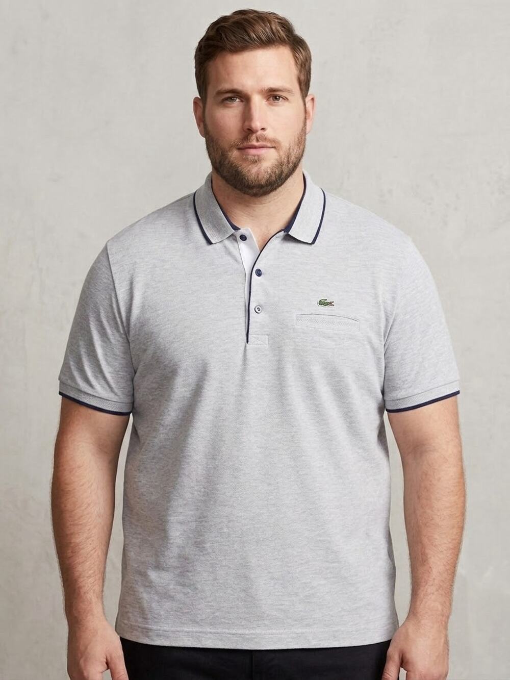 Lacoste Slim Fit Mens Polo Shirt Size 9 4XL Gray Heather Chest Pocket Navy Trims